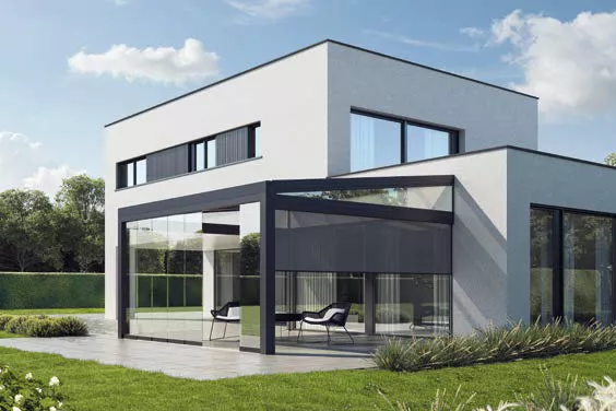 PERGOLA SERENA TRIANGLE ALU ADOSSE STORES VERTICAUX (1)