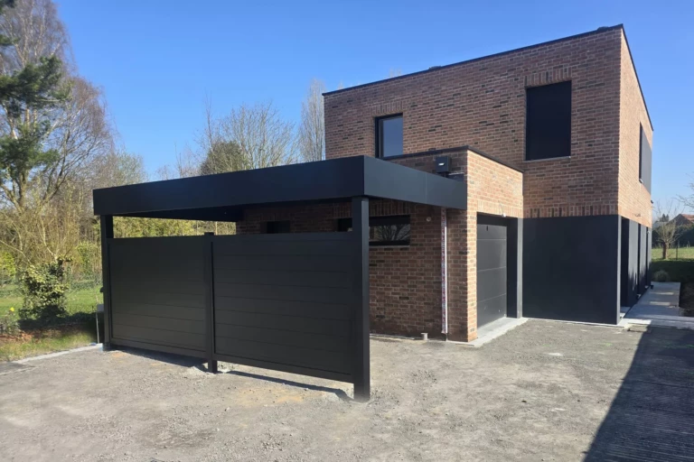 CARPORT ORION BANDEAU HORIZON ADOSSE BRISE VUE RAMBOUILLET RAL NOIR 9005 installation newtech a chereng (4)